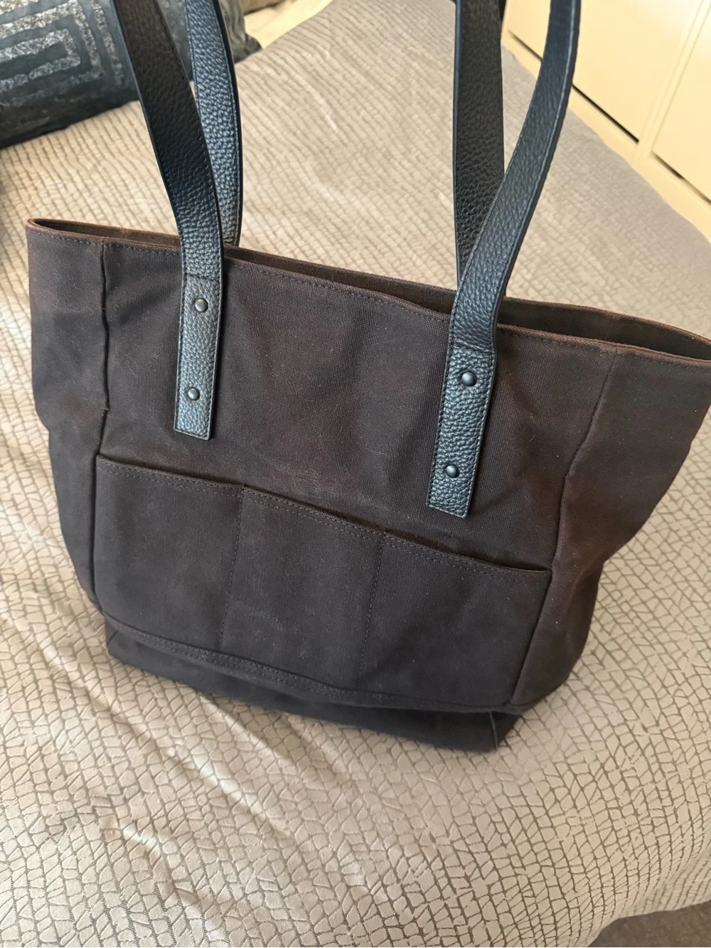 Quince Waxed Canvas Tote Bag with Black Leather Handles